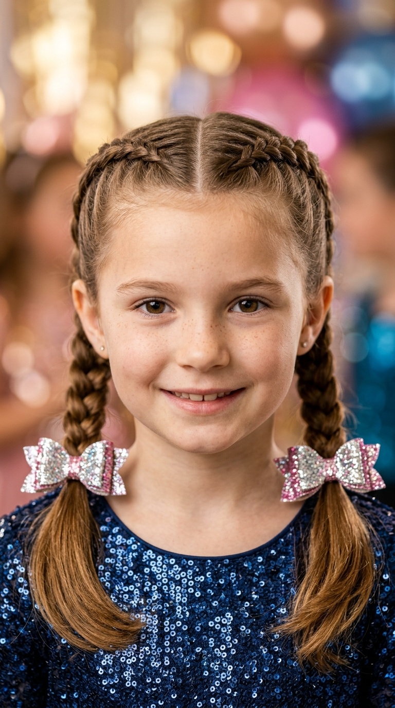 Dual French Braids ending in Glittery Bows