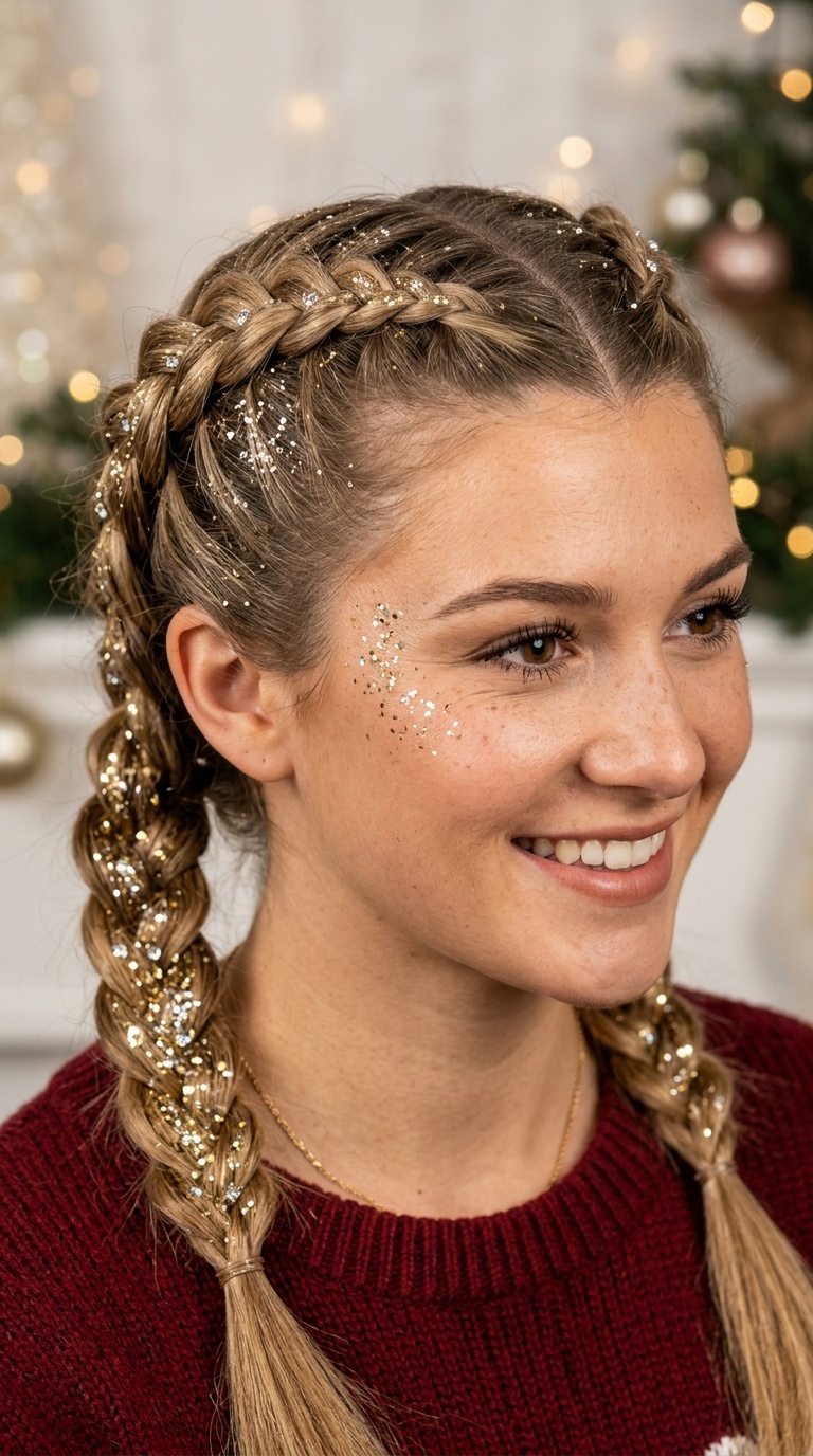 Dutch Braid Pigtails with Glitter