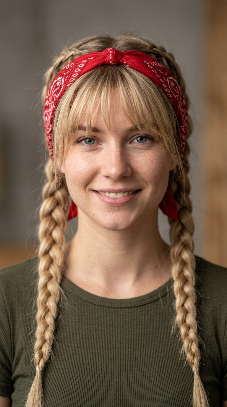 Dutch Braided Pigtails with Shaggy Bangs and Bandana Headband