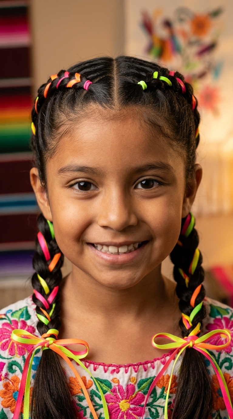 Dutch Braids with Neon Ribbons