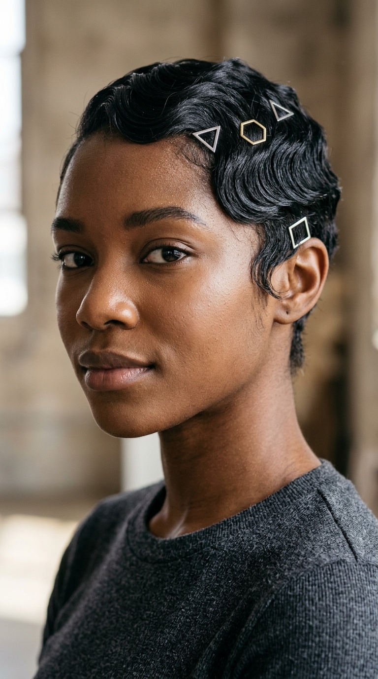 Edgy Finger Waves with Metallic Geometric Pins