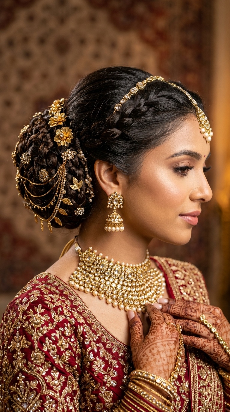 Elaborate Braided Bun with Gold Accessories