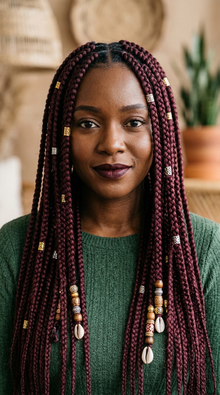 Extra Long Burgundy Braids with Beads