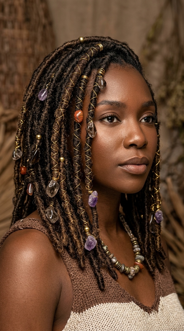Faux Locs with Gold Wire and Stones