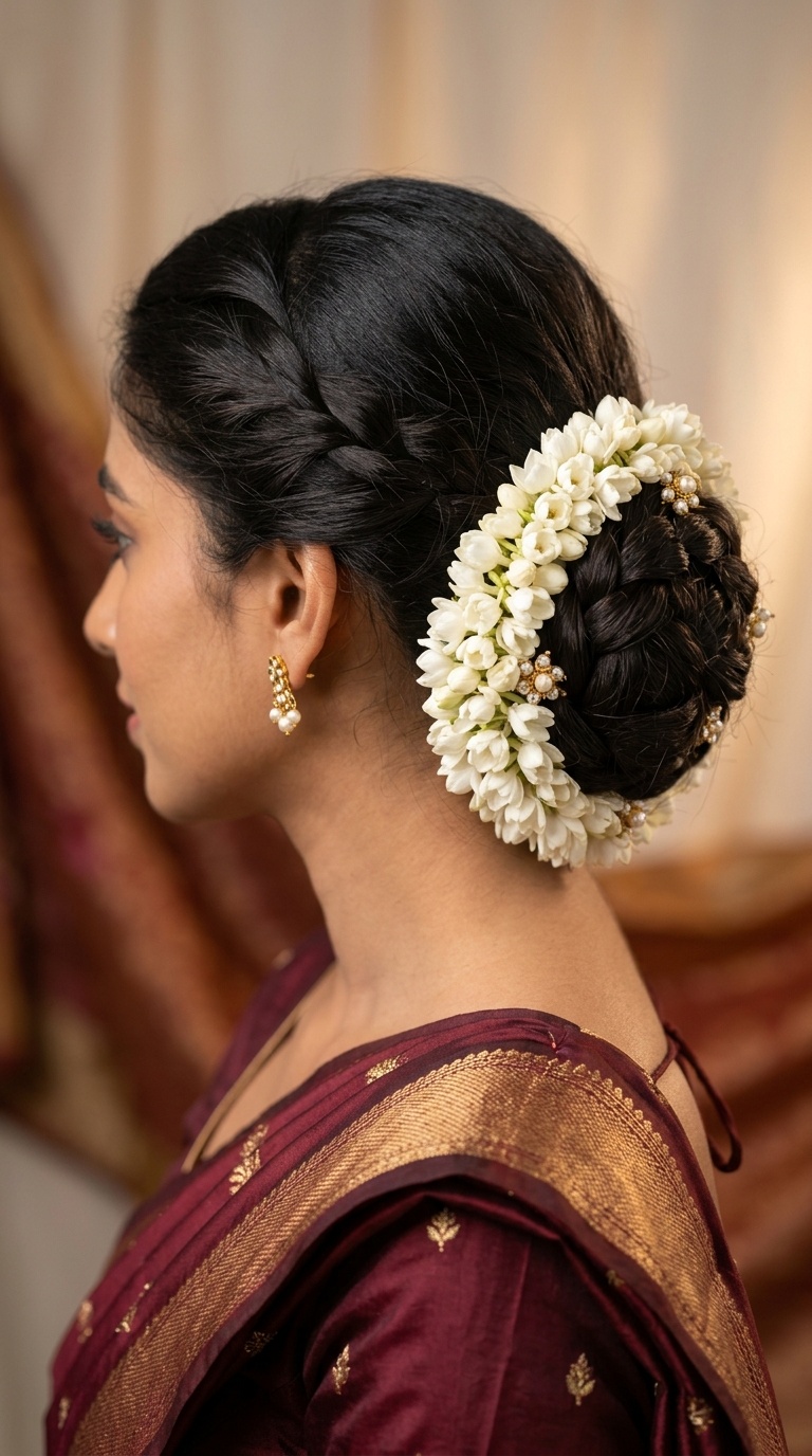 Faux Low Bun with Gajra Wrap