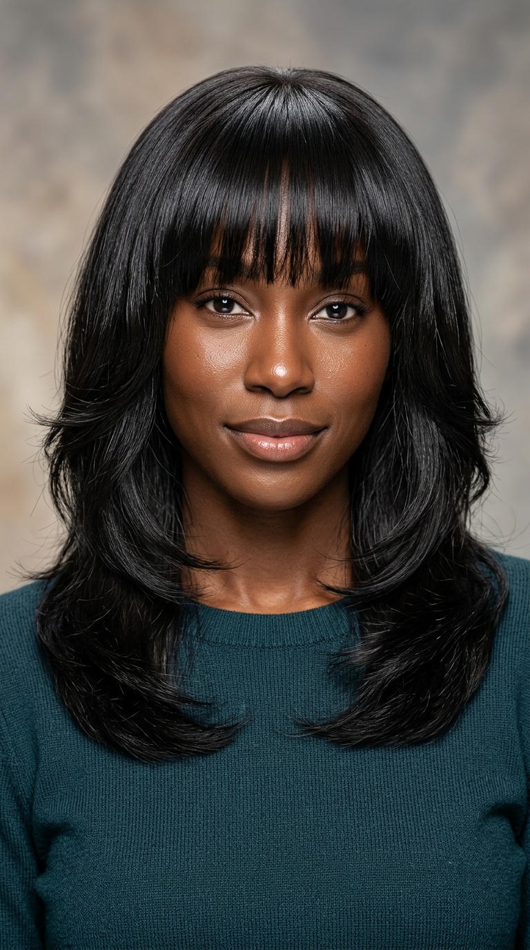Feathered Silk Press with Heavy Bangs