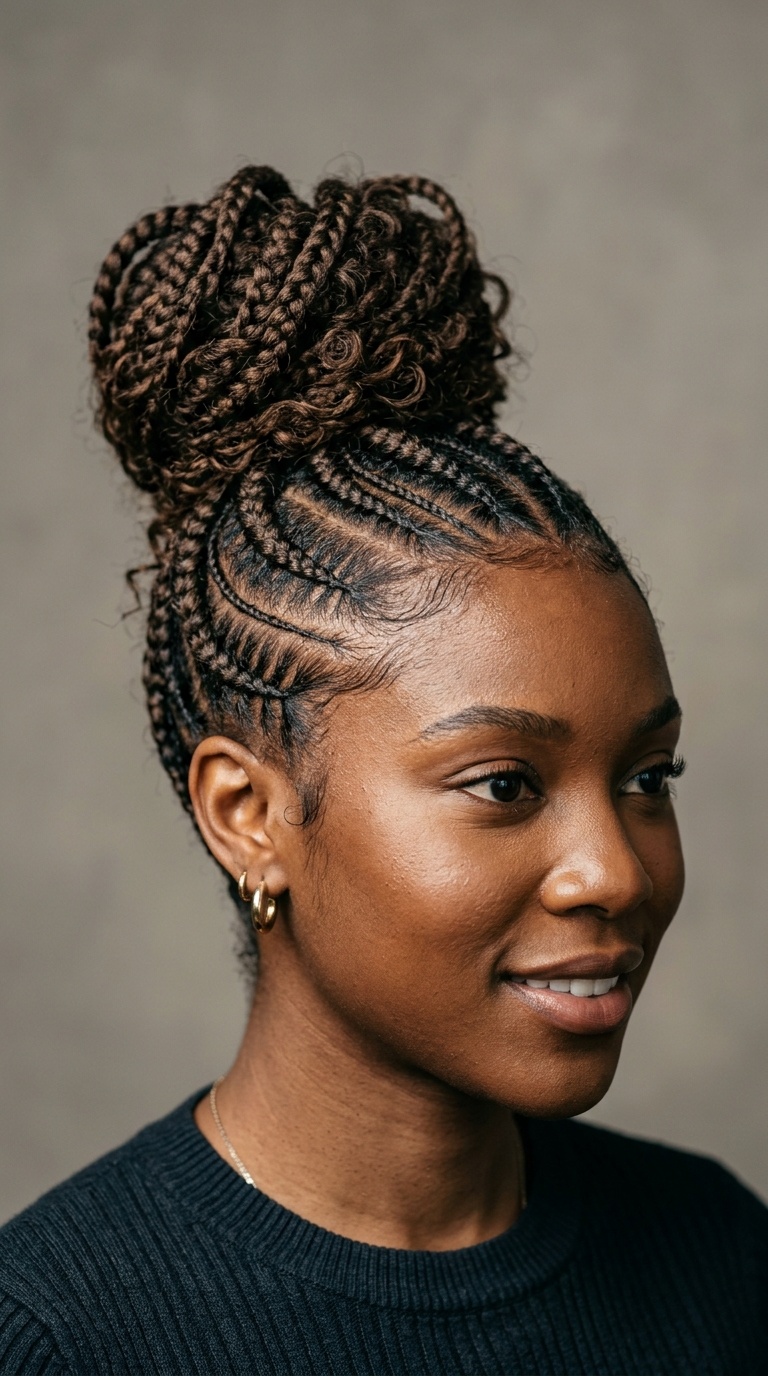 Feed-in Cornrows into a Messy Bun