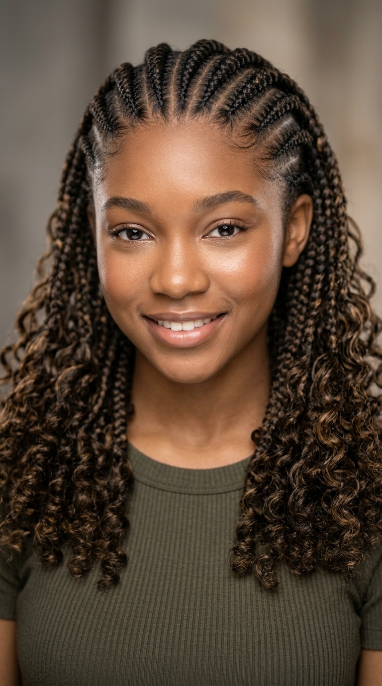 Feed-in Cornrows with Curly Ends