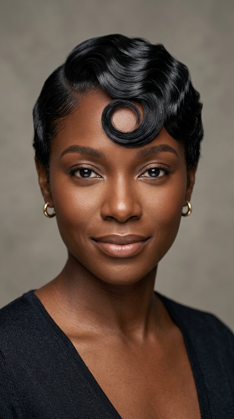 Finger Waves with a Forehead-Concealing Swirl