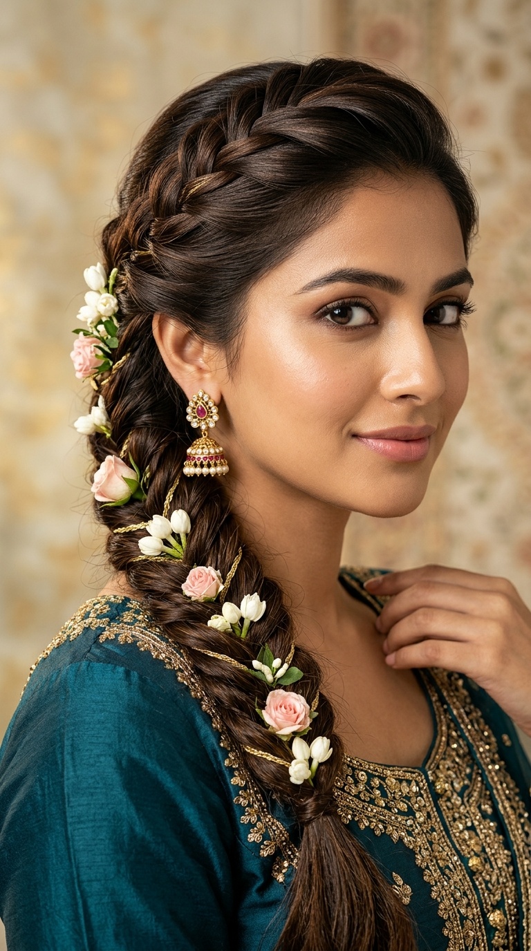 Fishtail Braid with Floral Adornments