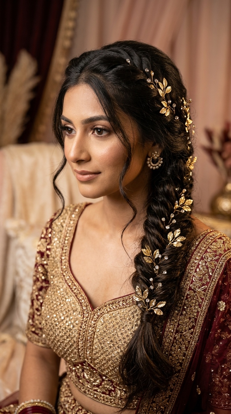 Fishtail Braid with Gold Leaves