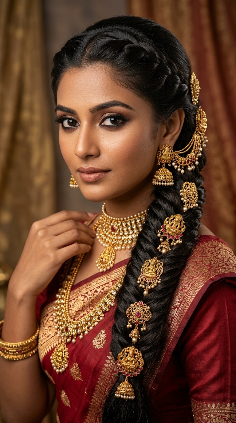 Fishtail Braid with Gold Temple Jewelry Pins