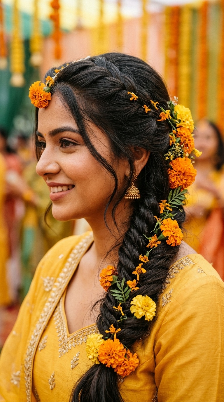 Fishtail Braid with Intertwined Marigolds
