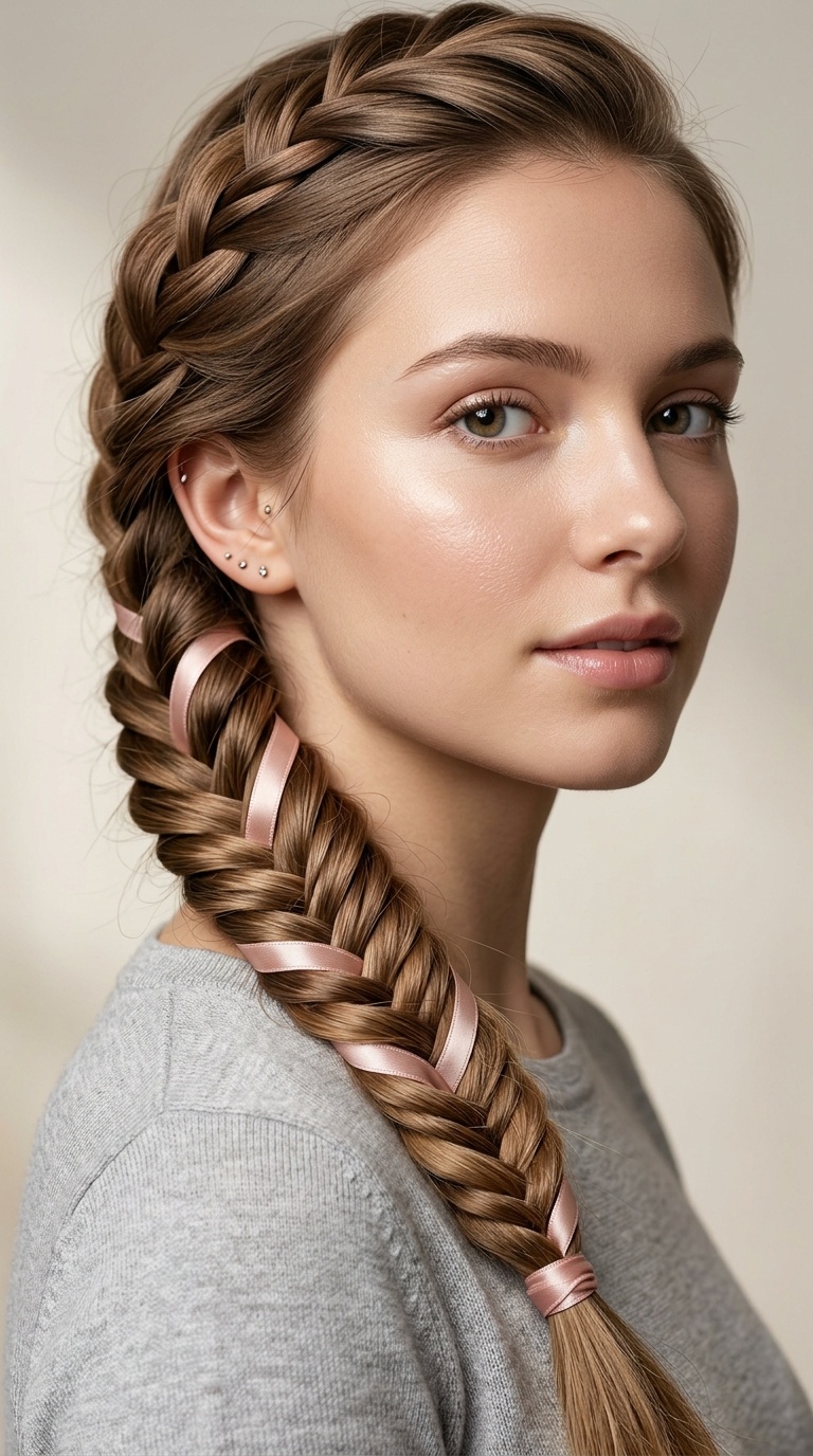 Fishtail Braid with Ribbon Interwoven
