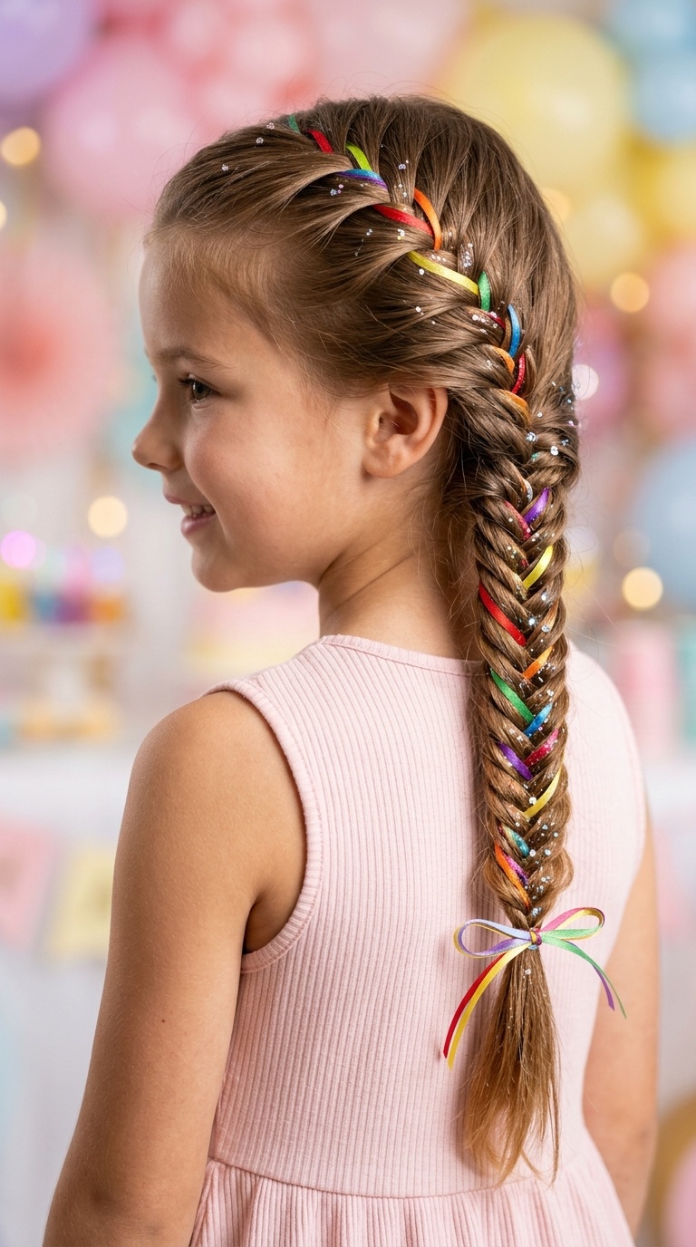 Fishtail Braids with Rainbow Ribbons and Sparkle