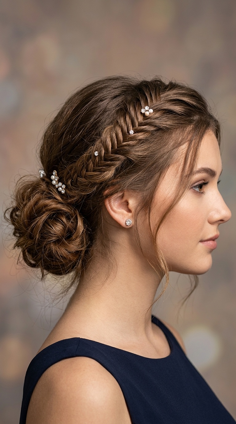 Fishtail Crown Braid with a Messy Bun