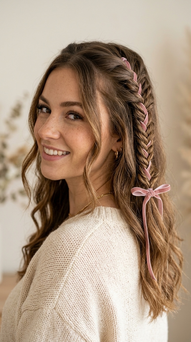 Fishtail Half-Up with Ribbon Weaving