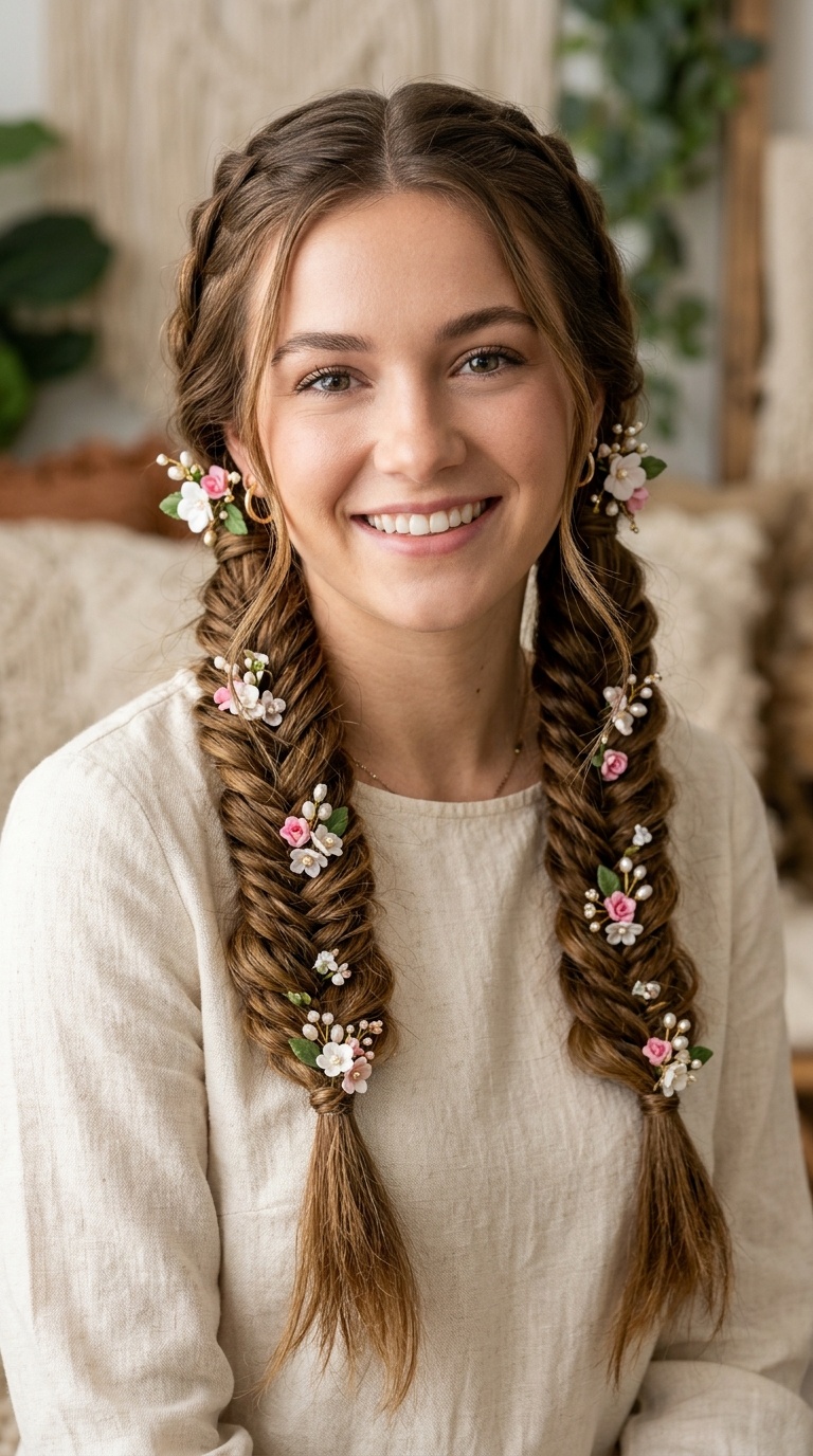 Fishtail Pigtails with Floral Pin Accents