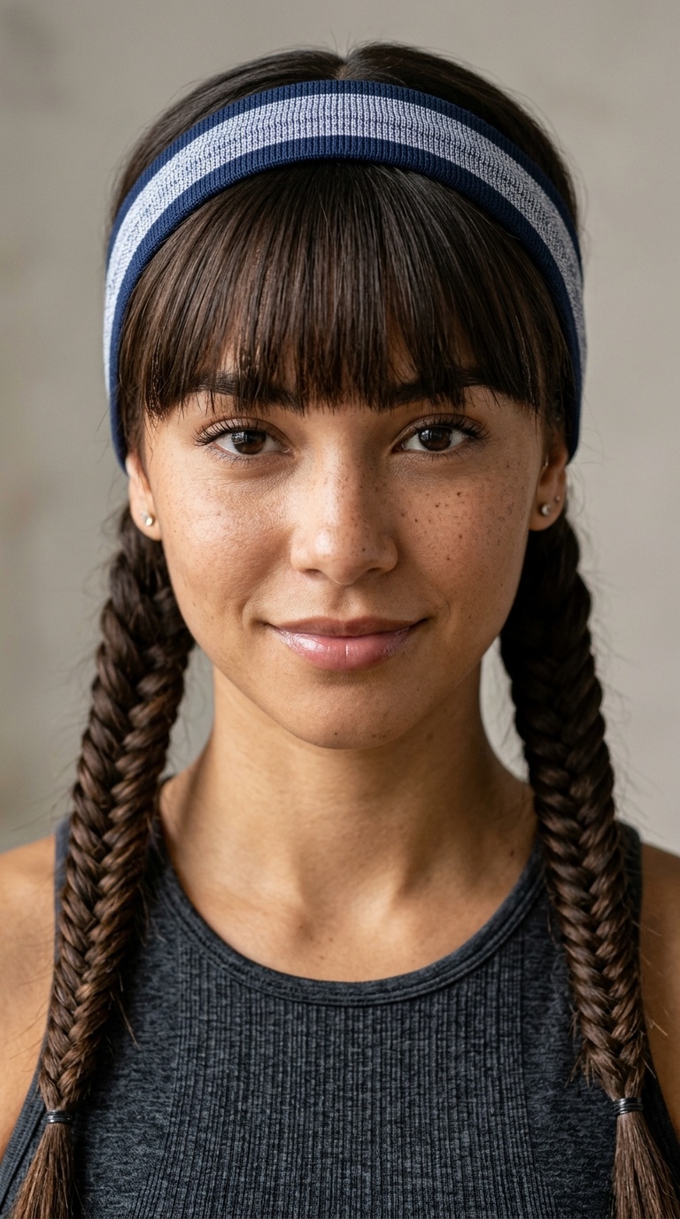 Fishtail Pigtails with Straight Bangs and Sporty Headband
