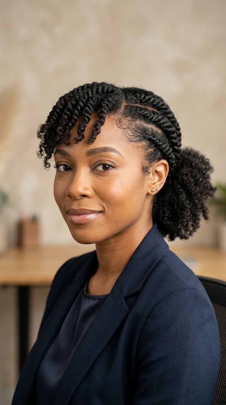 Flat Twisted Up-Front and Low Puff with Bangs