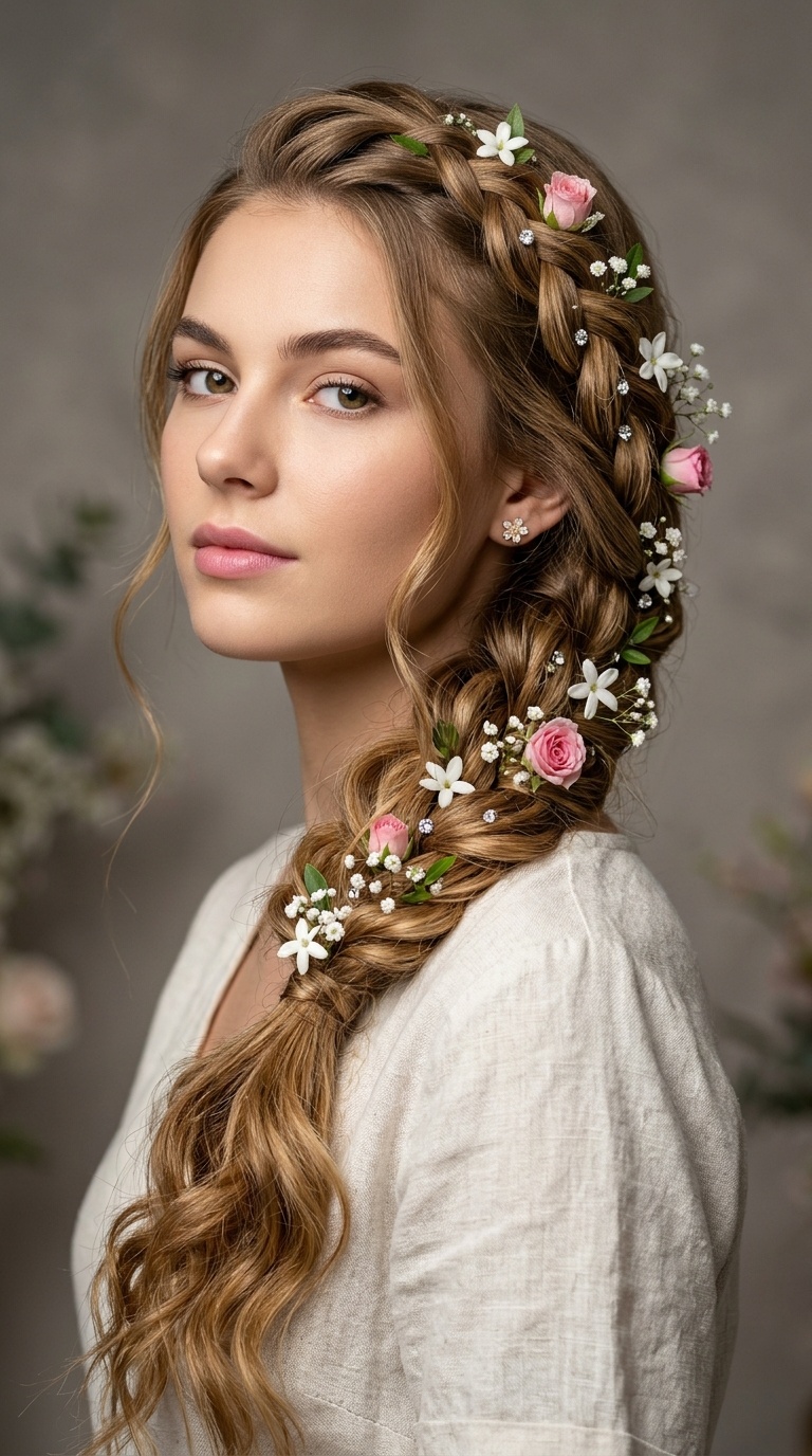 Floral-Adorned Waterfall Mermaid Braids