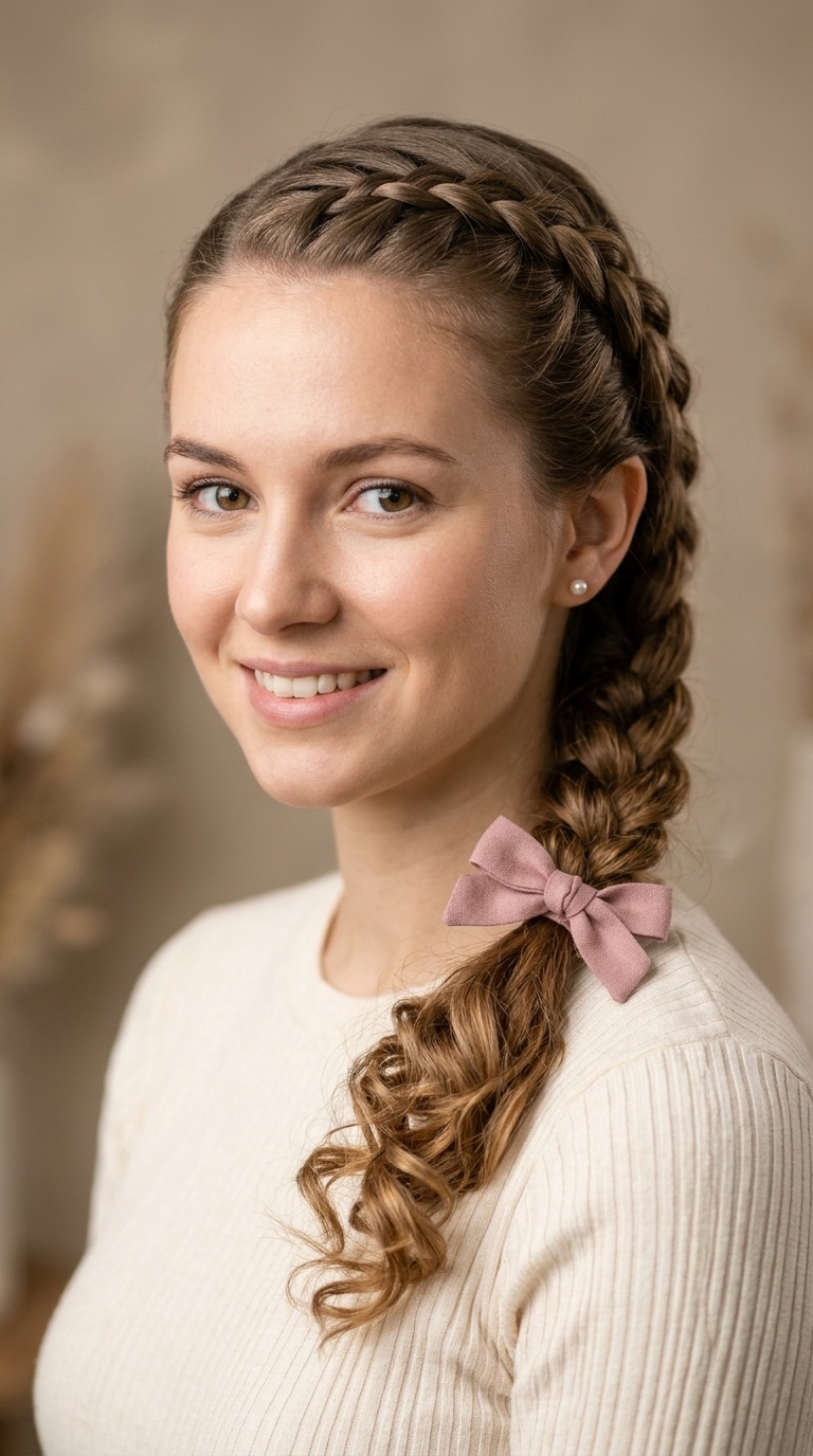 French Braid into Curls with Bow Finish