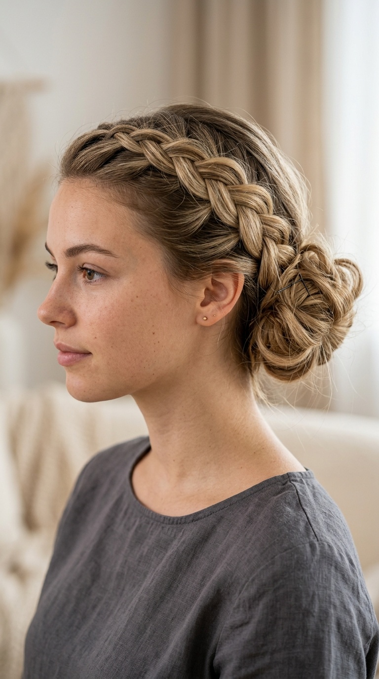 French Braid into Messy Bun