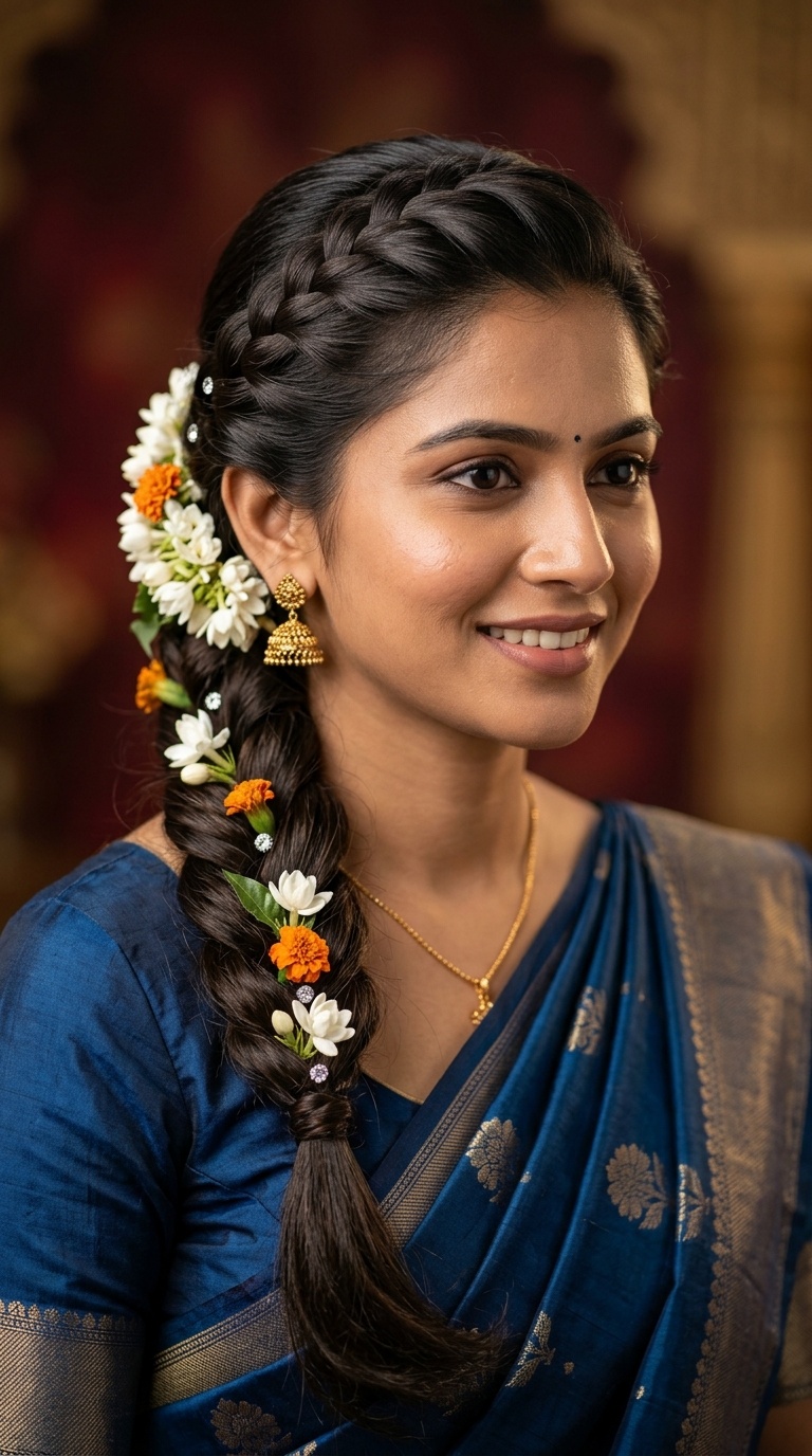 French Braid with a Floral Twist