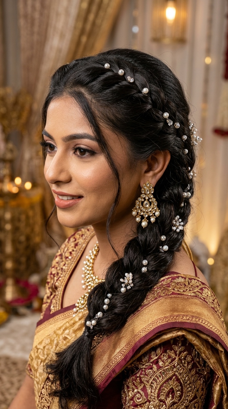 French Braid with Embedded Pearls