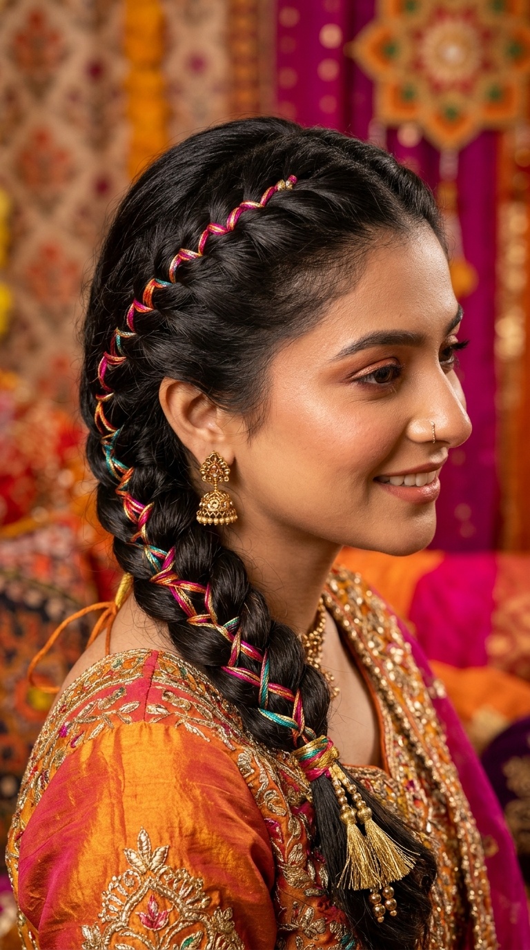 French Braid with Threaded Accents