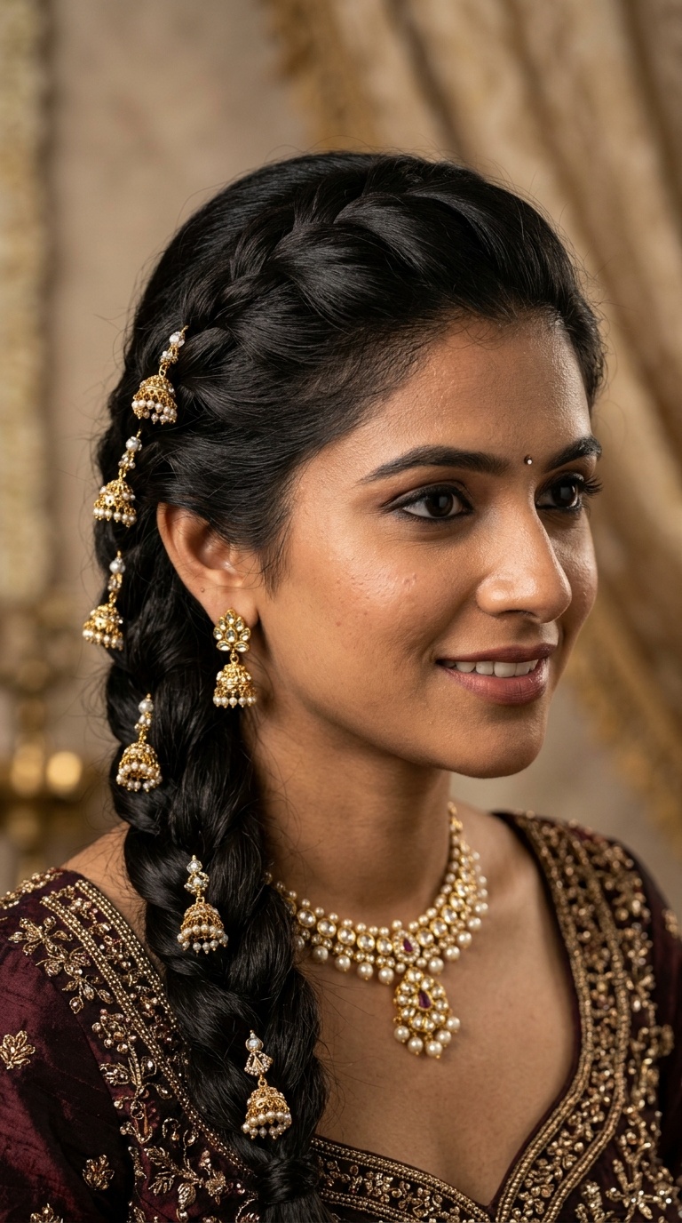 French Braid with Tiny Jhumka Trinkets
