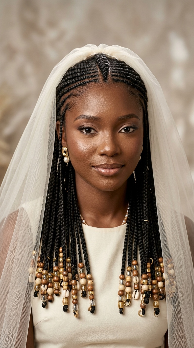 Fulani Braids with Beaded Ends and a Veil