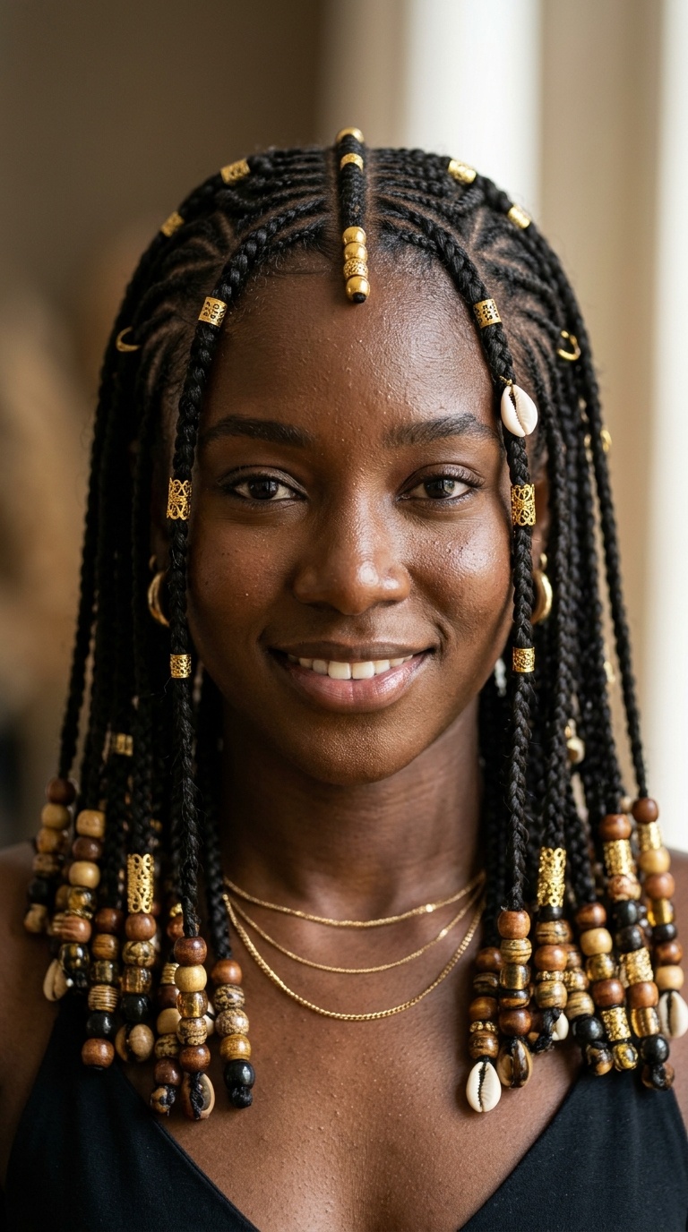 Fulani Braids with Beads and Gold Accents