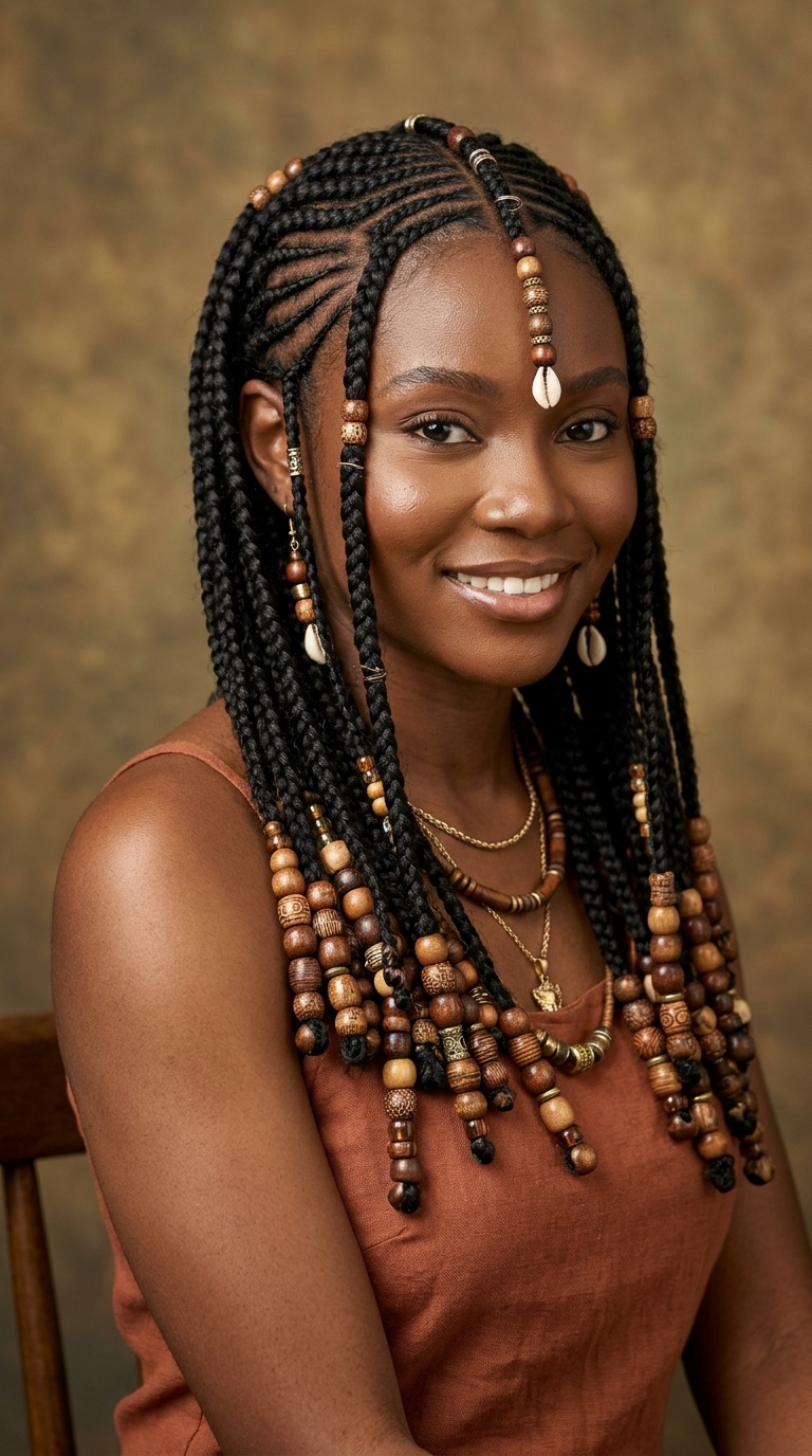 Fulani Braids with Earthy Wooden Beads