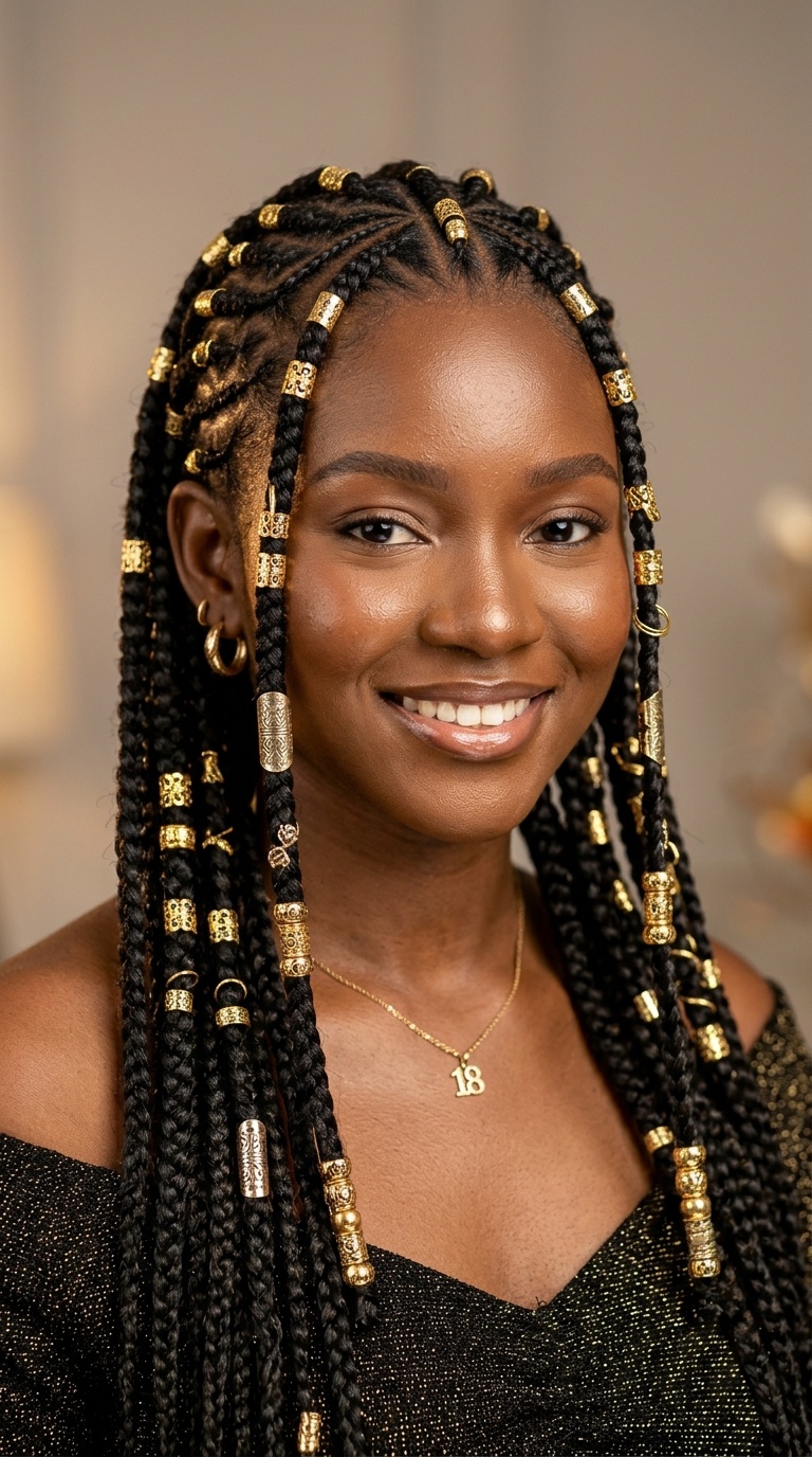 Fulani Braids with Ornate Gold Cuffs