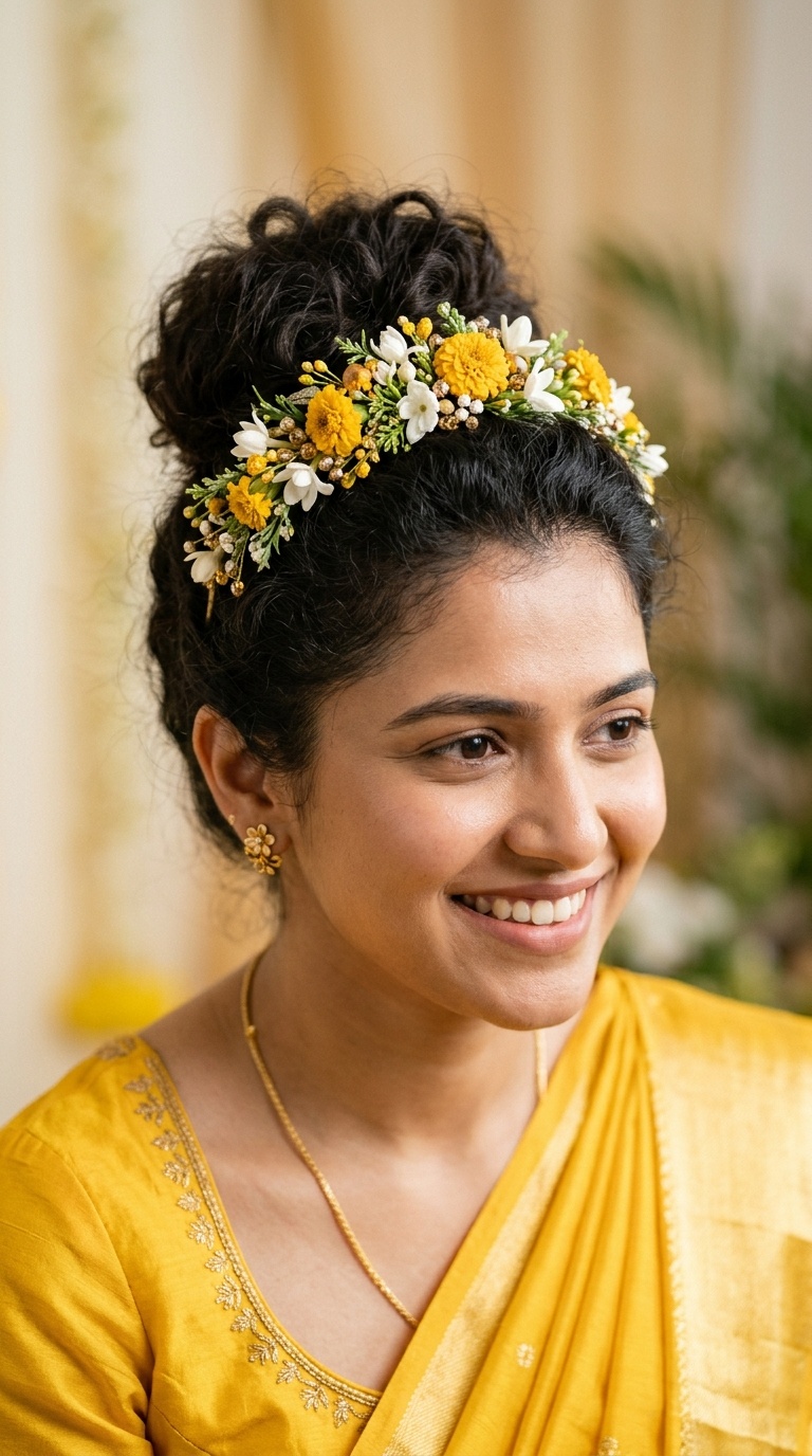 Fuzzy Top Knot with Wildflower Tiara