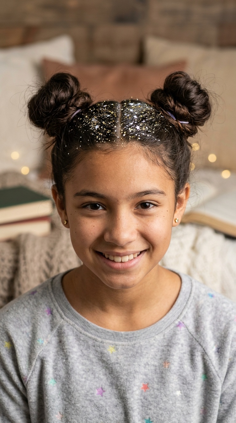 Glitter-Parted Space Buns
