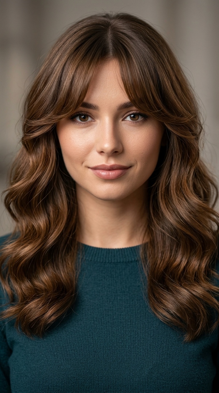 Glossy Loose Waves with Curtain Bangs