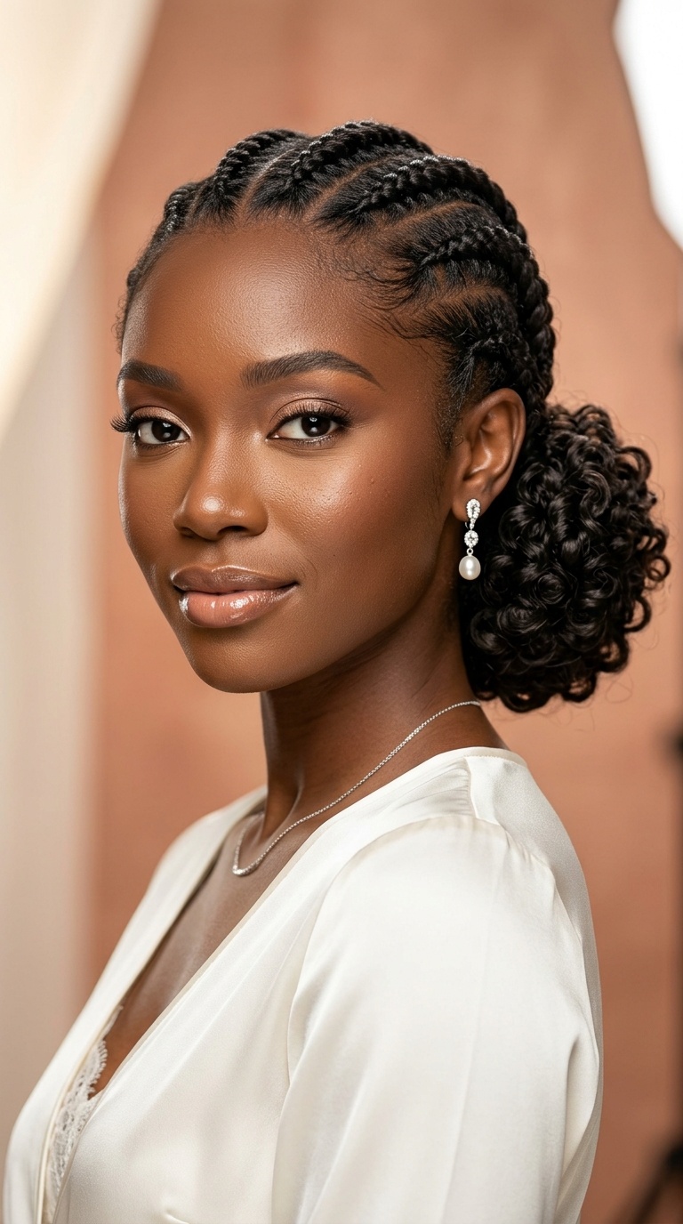 Goddess Braids into a Curly Low Bun