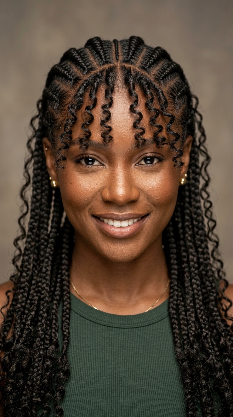 Goddess Braids with Curly Tendril Bangs