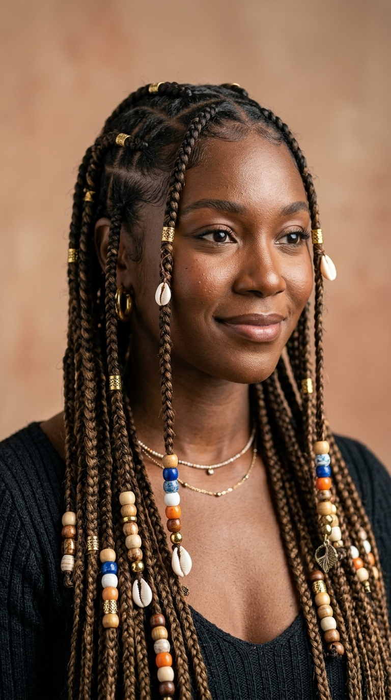 Goddess Braids with Hanging Bead Tendrils