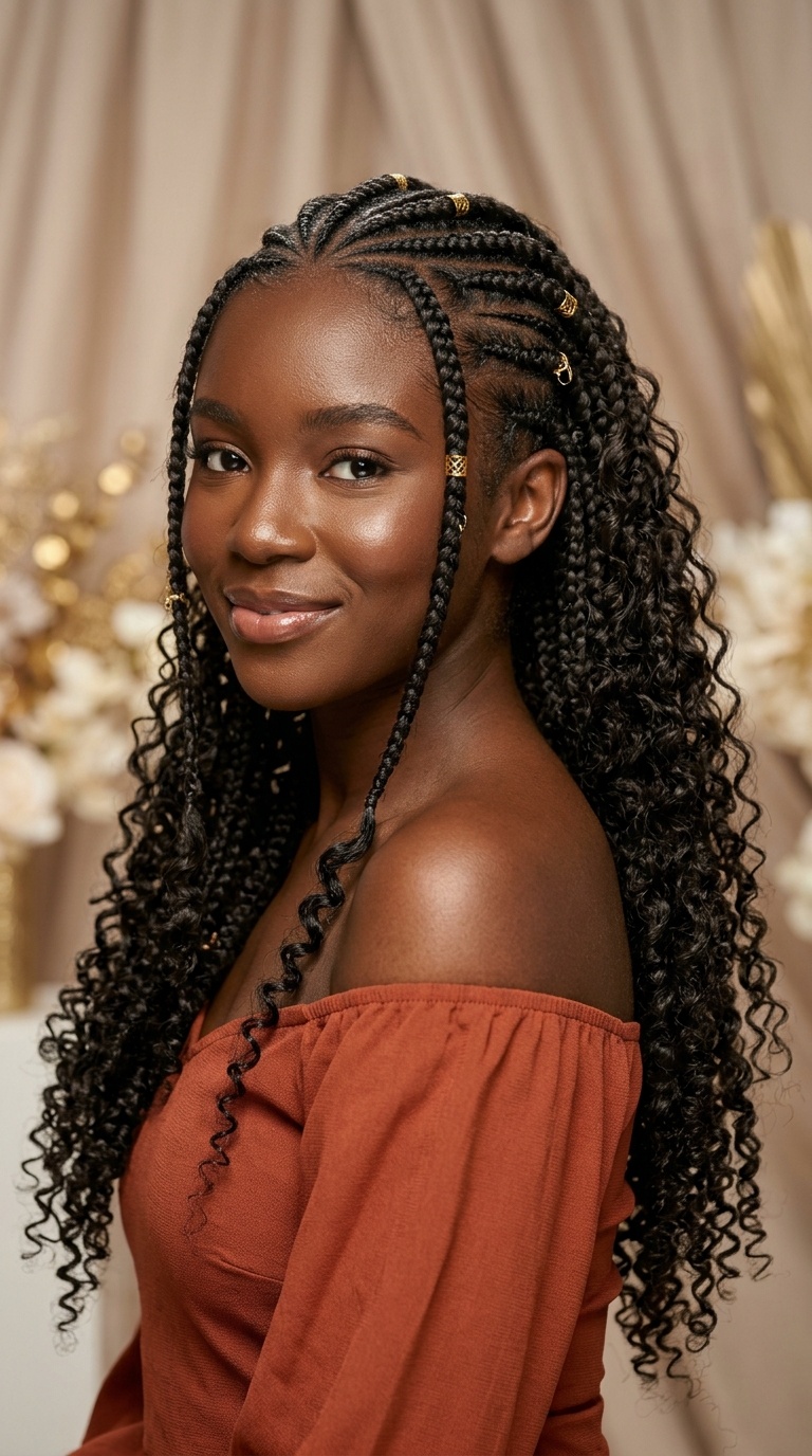 Goddess Braids with Long Curly Tendrils
