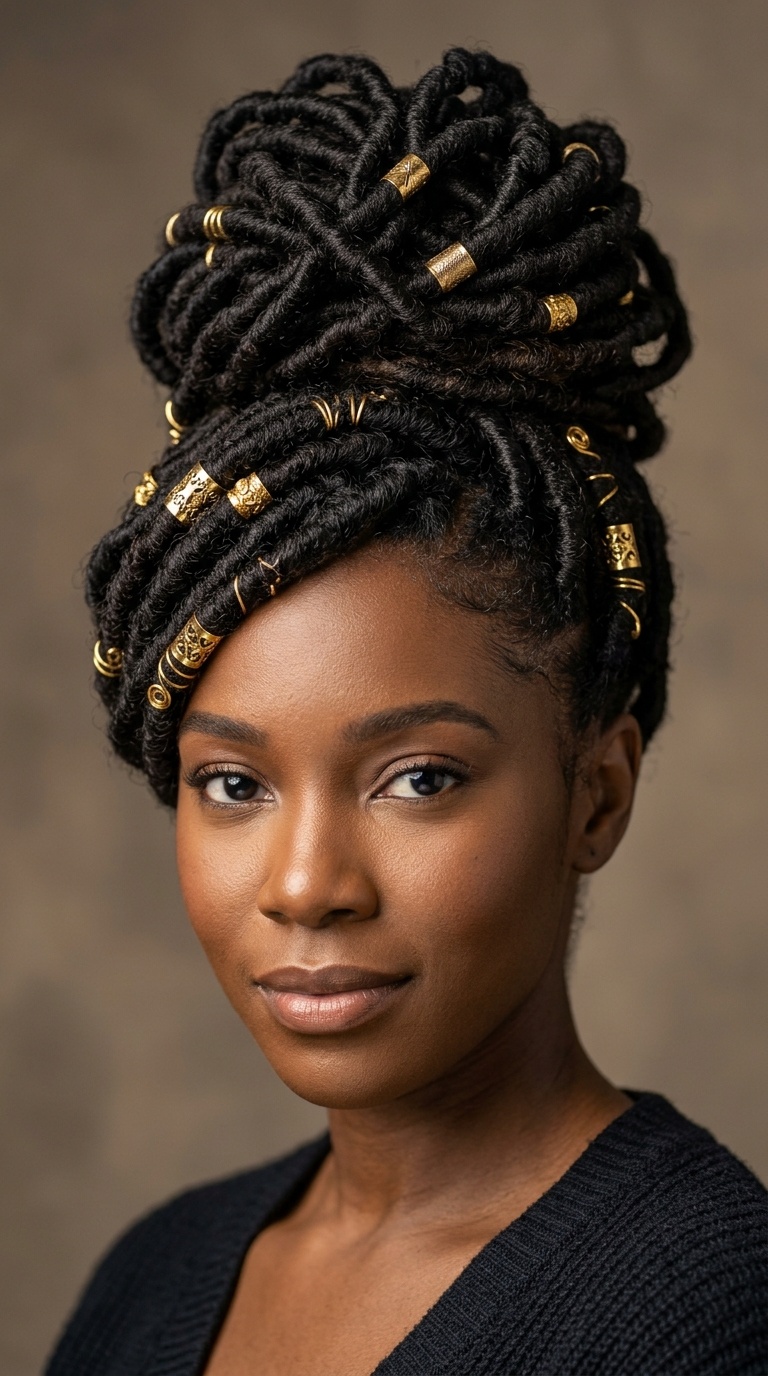 Goddess Loc Updo with Gold Cuffs