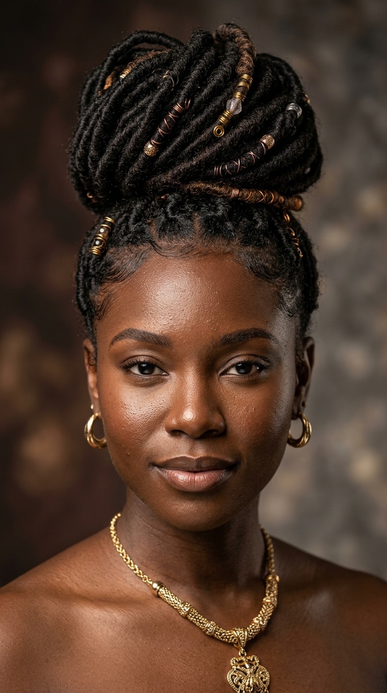Goddess Locs in a Regal High Bun