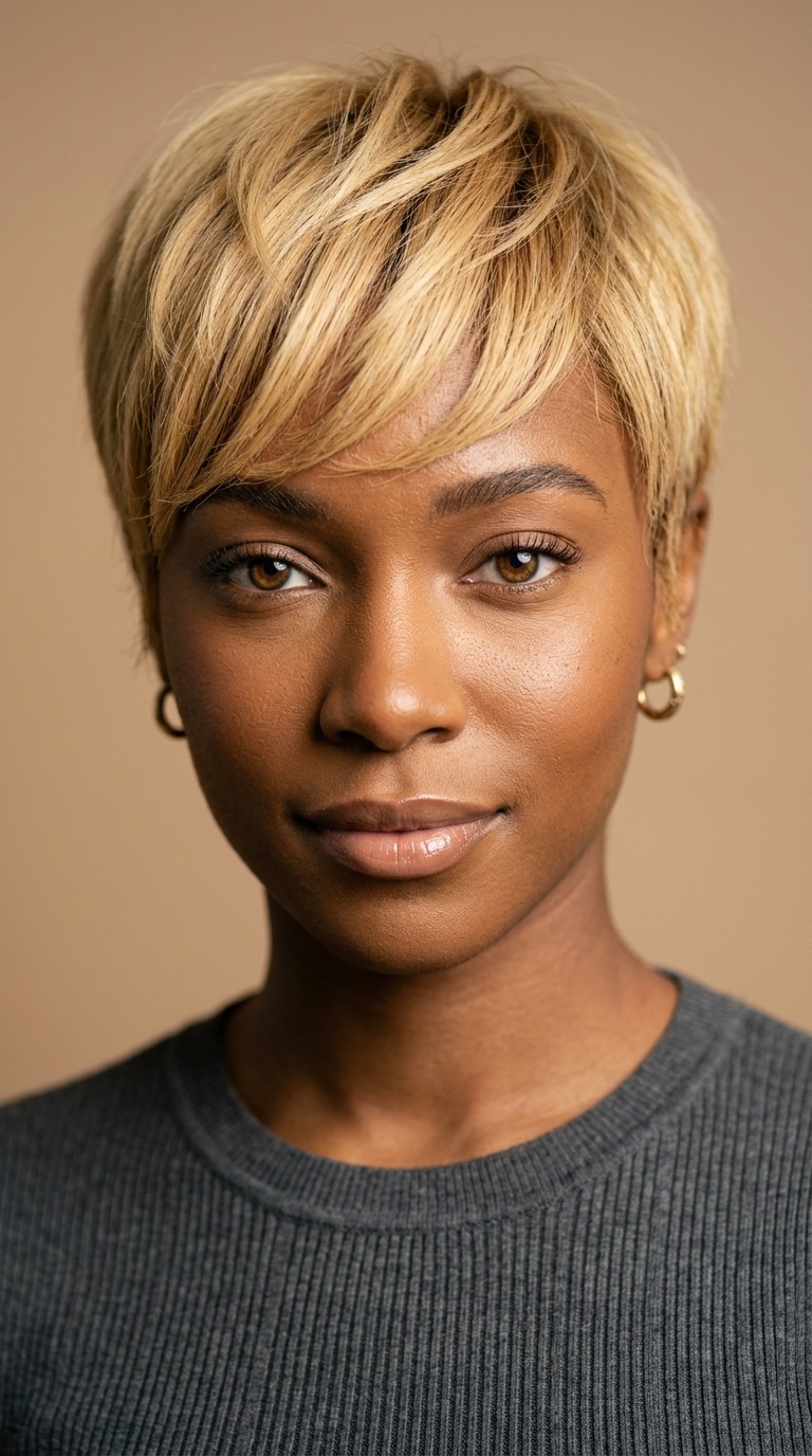 Golden Blonde Pixie with Side Bangs