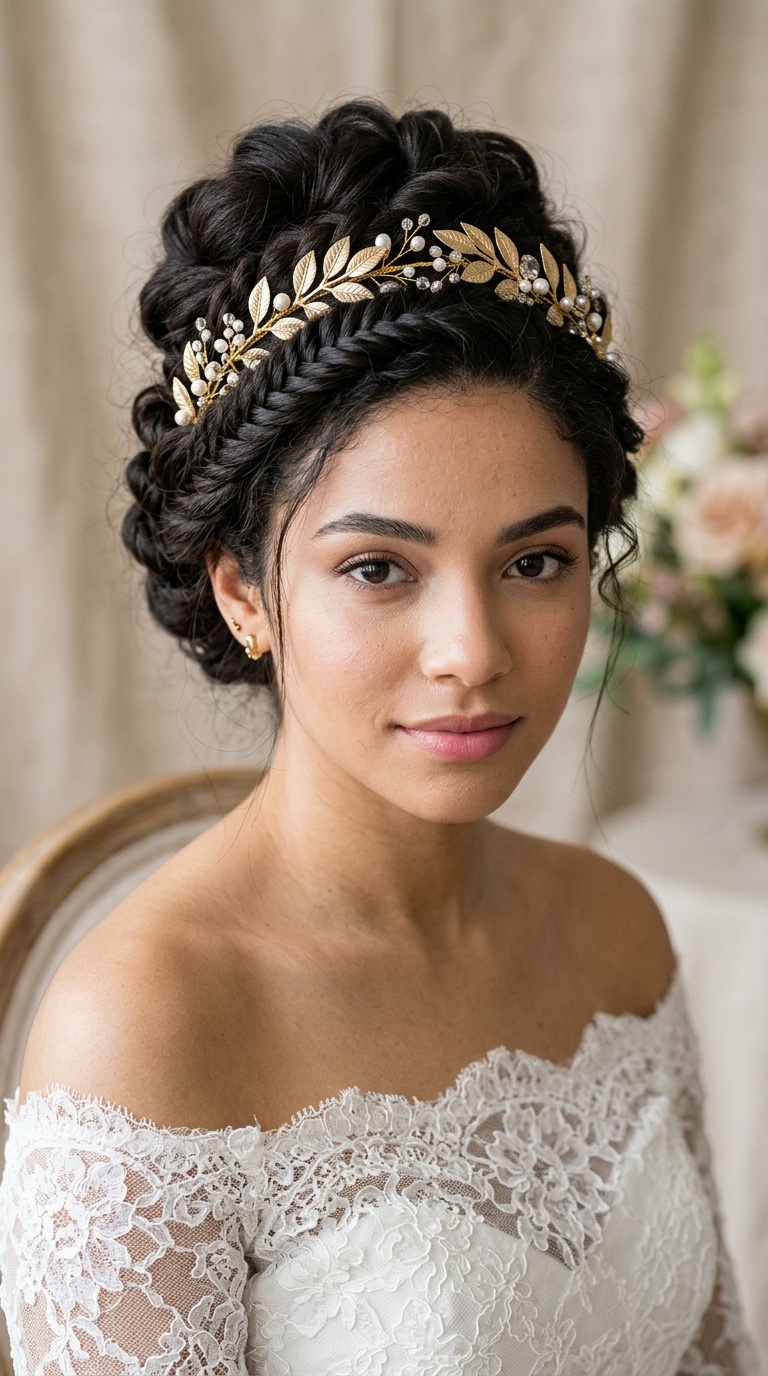 Greek Goddess Updo with a Laurel Leaf Headpiece