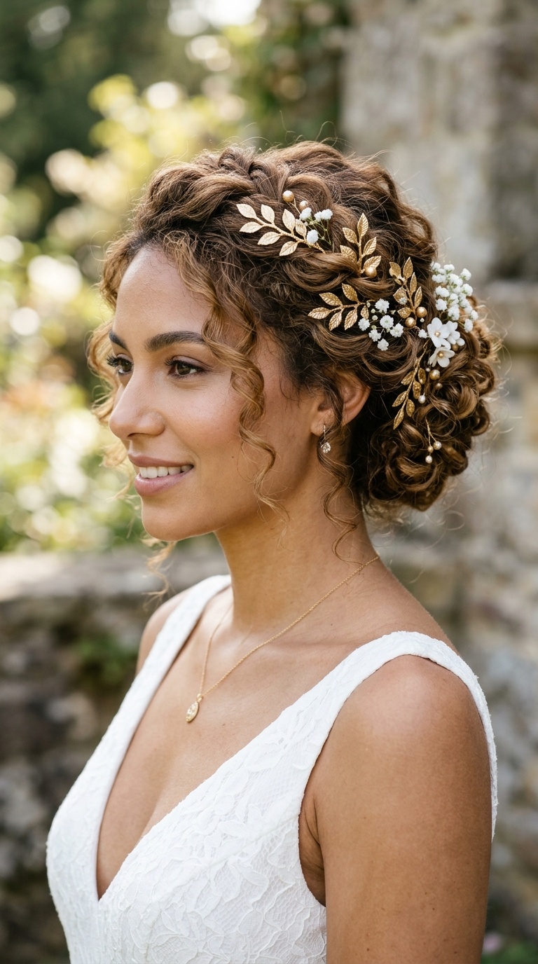 Greek Goddess Updo with Gold Leaves