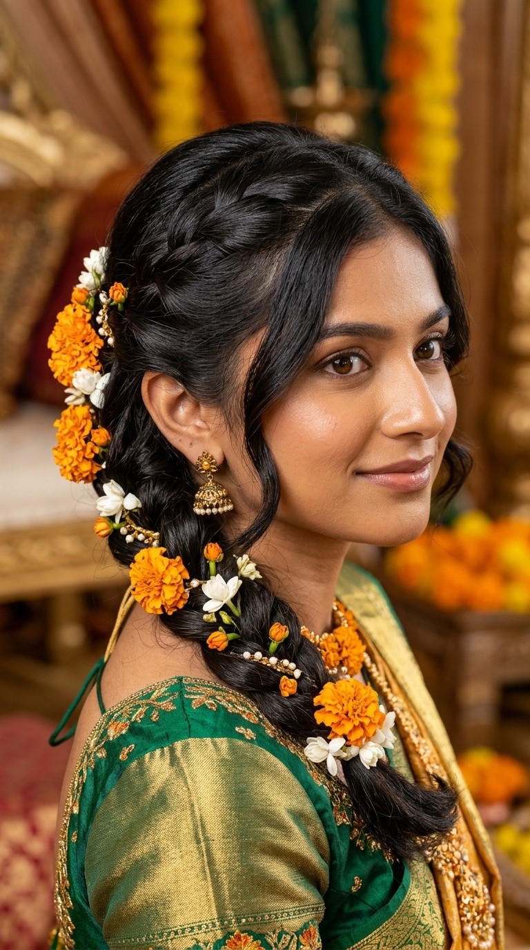Half-Down Waterfall Braid with Marigolds