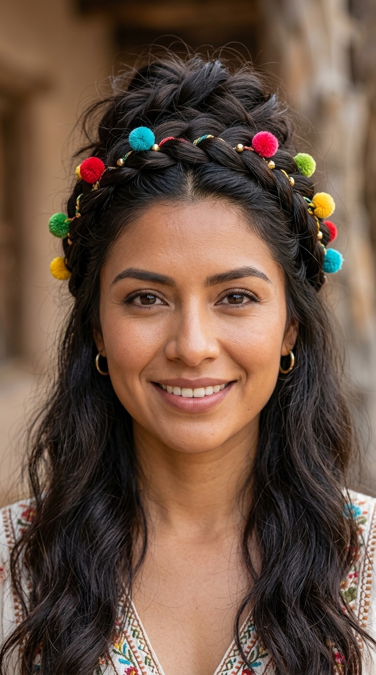 Half-Up Boho Braid with Pom-Pom Accents