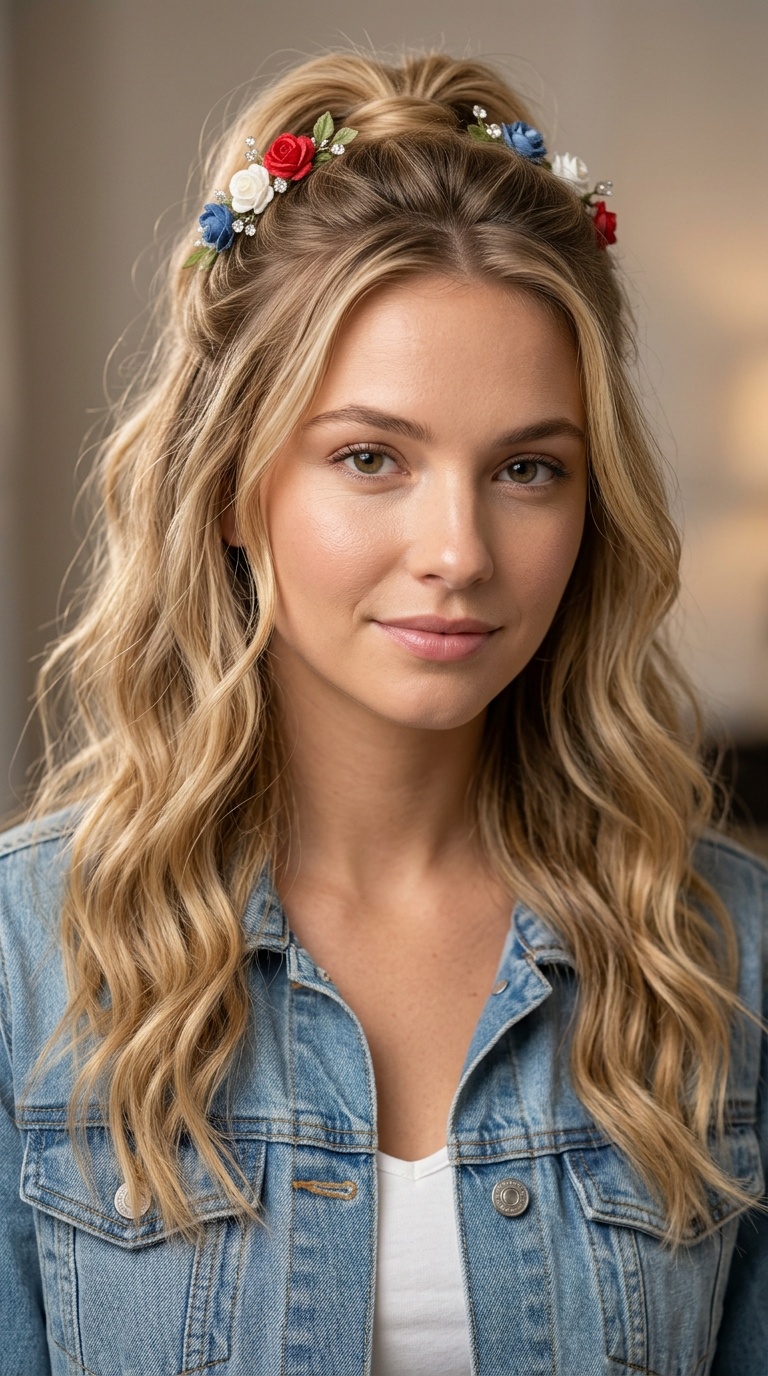 Half-Up Boho Waves with Floral Clips